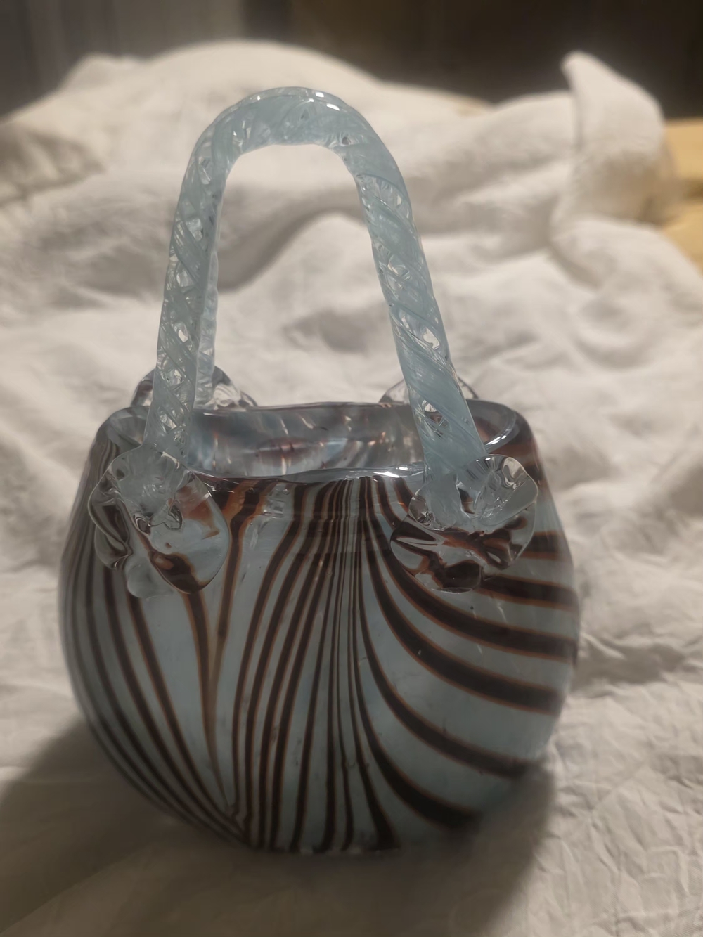 Vintage Murano Style Hand Blue and Brown Pattern Art Glass Purse/Bag Collectible